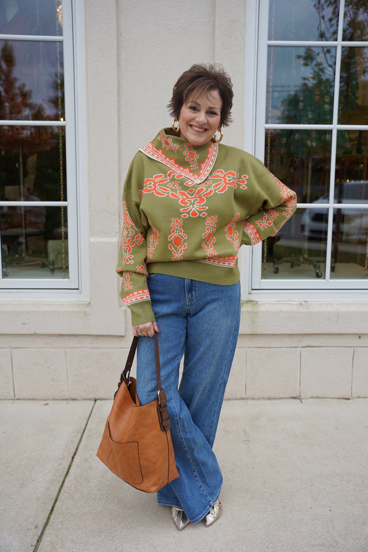 Verdigris and Orange Printed Sweater