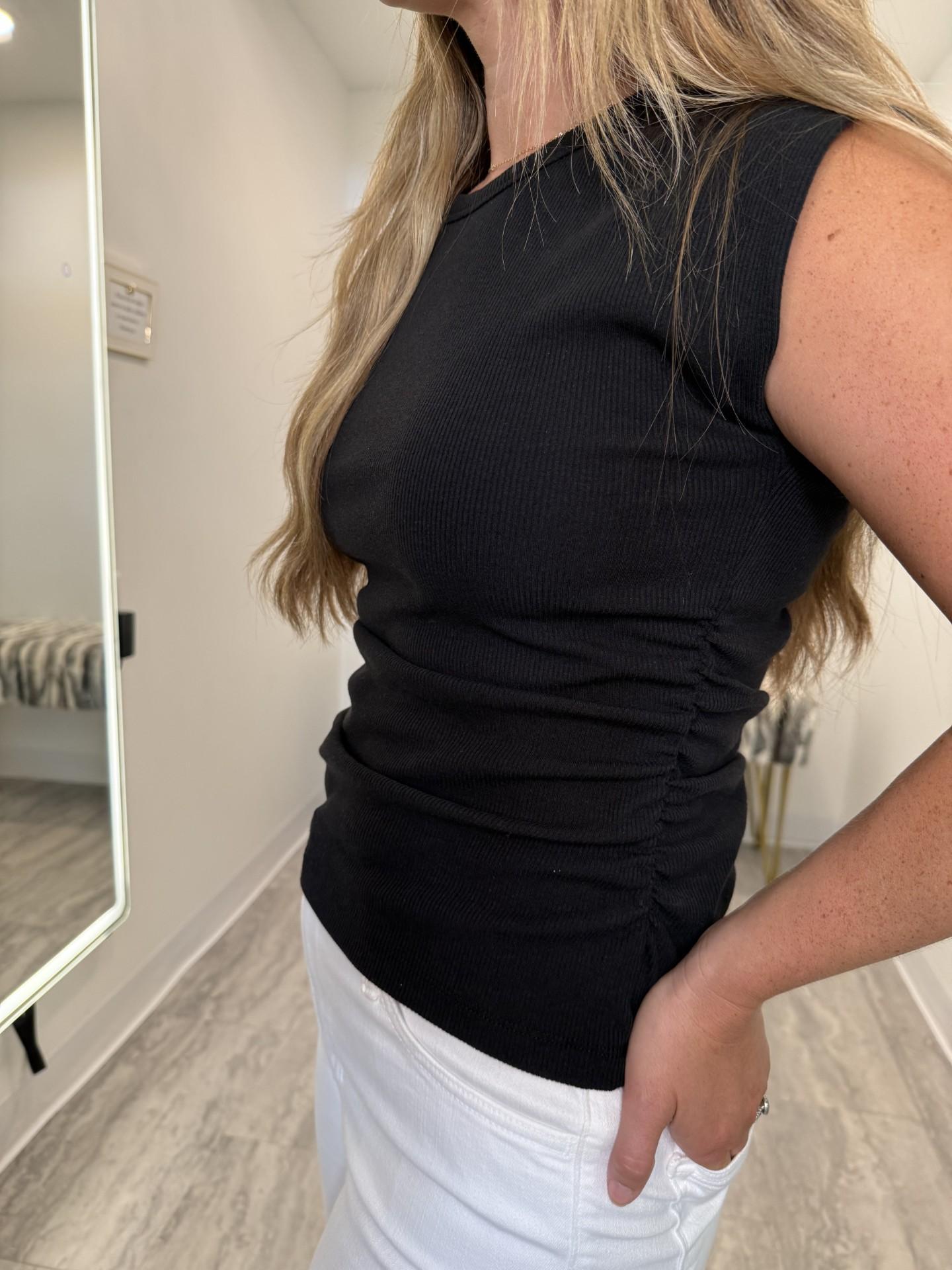 Black Terry Rib Ruched Muscle Top