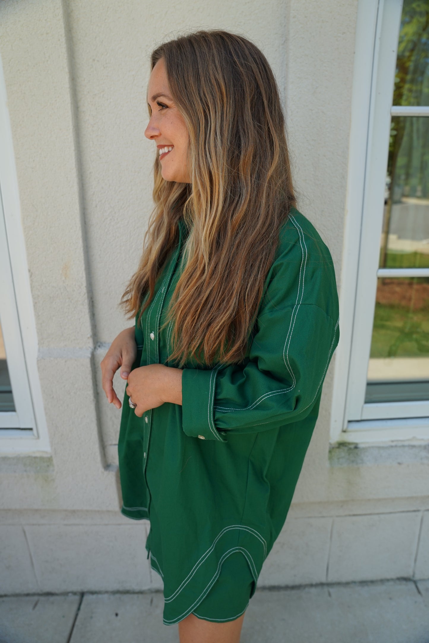 Green Exposed Stitch Shirt Dress