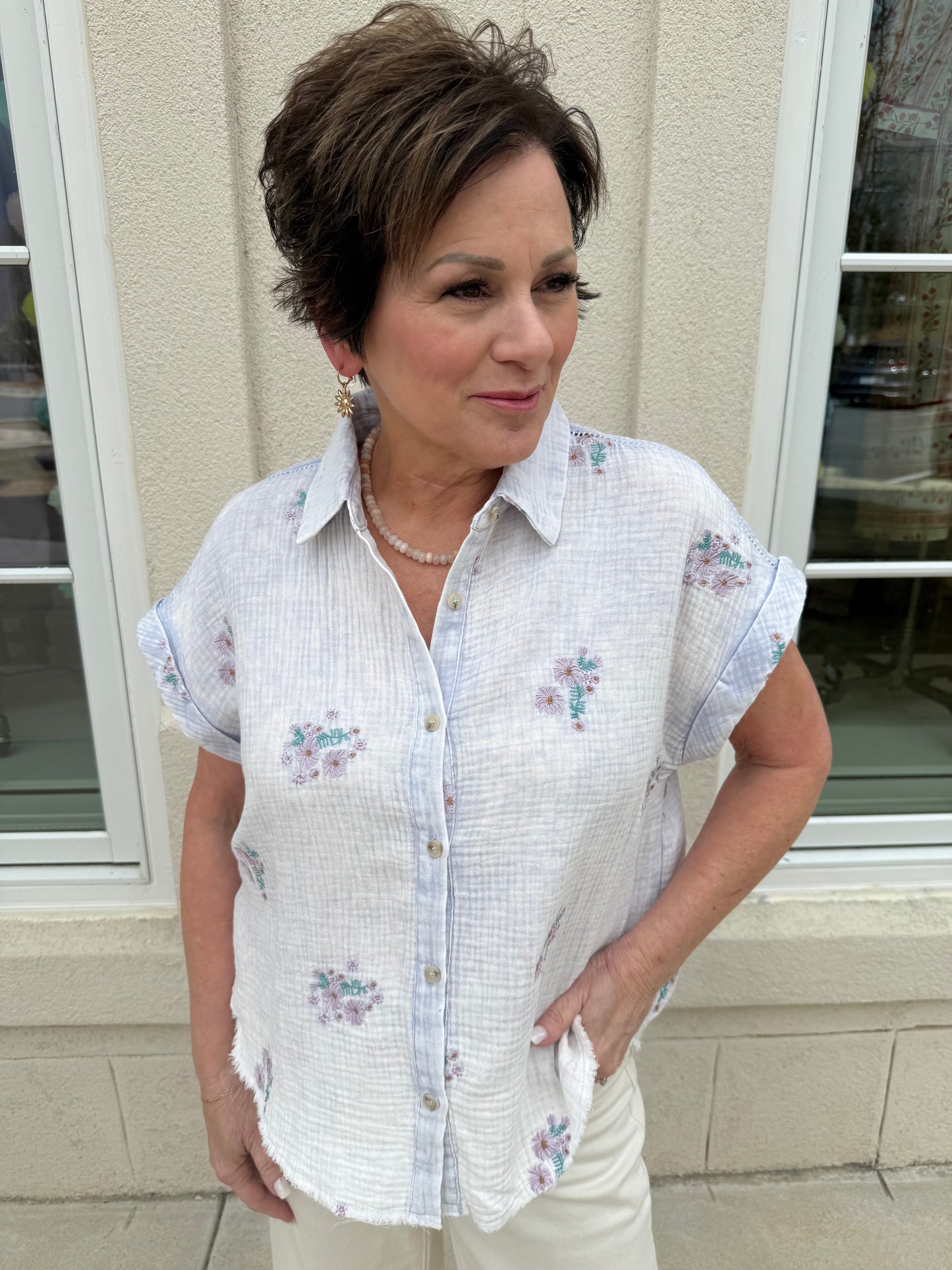 Washed Blue Embroidery Top