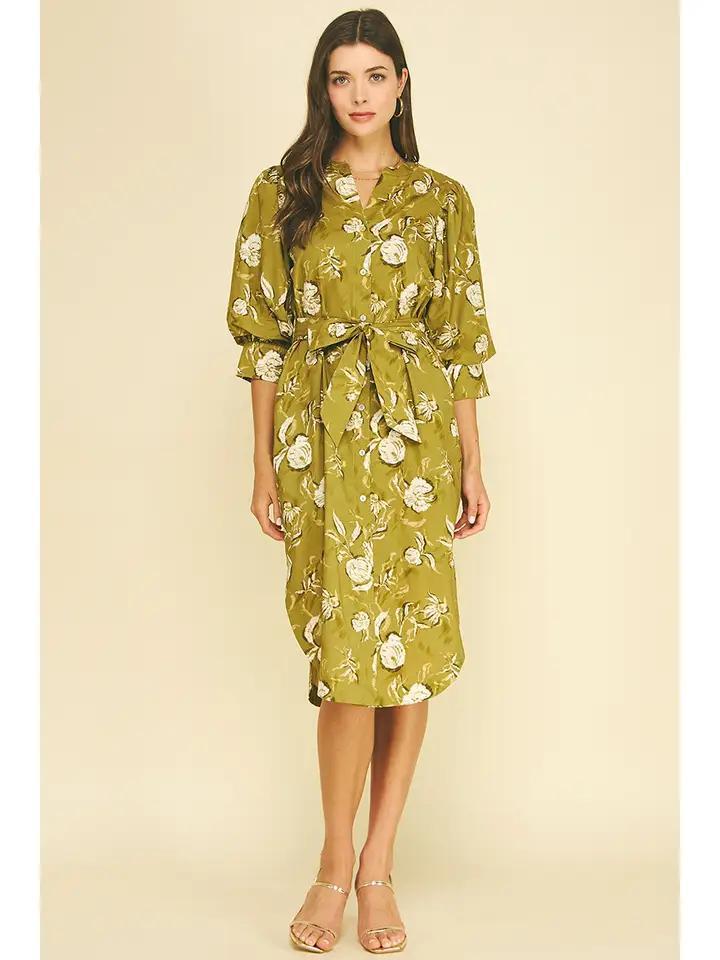 Golden Olive Floral Midi Dress