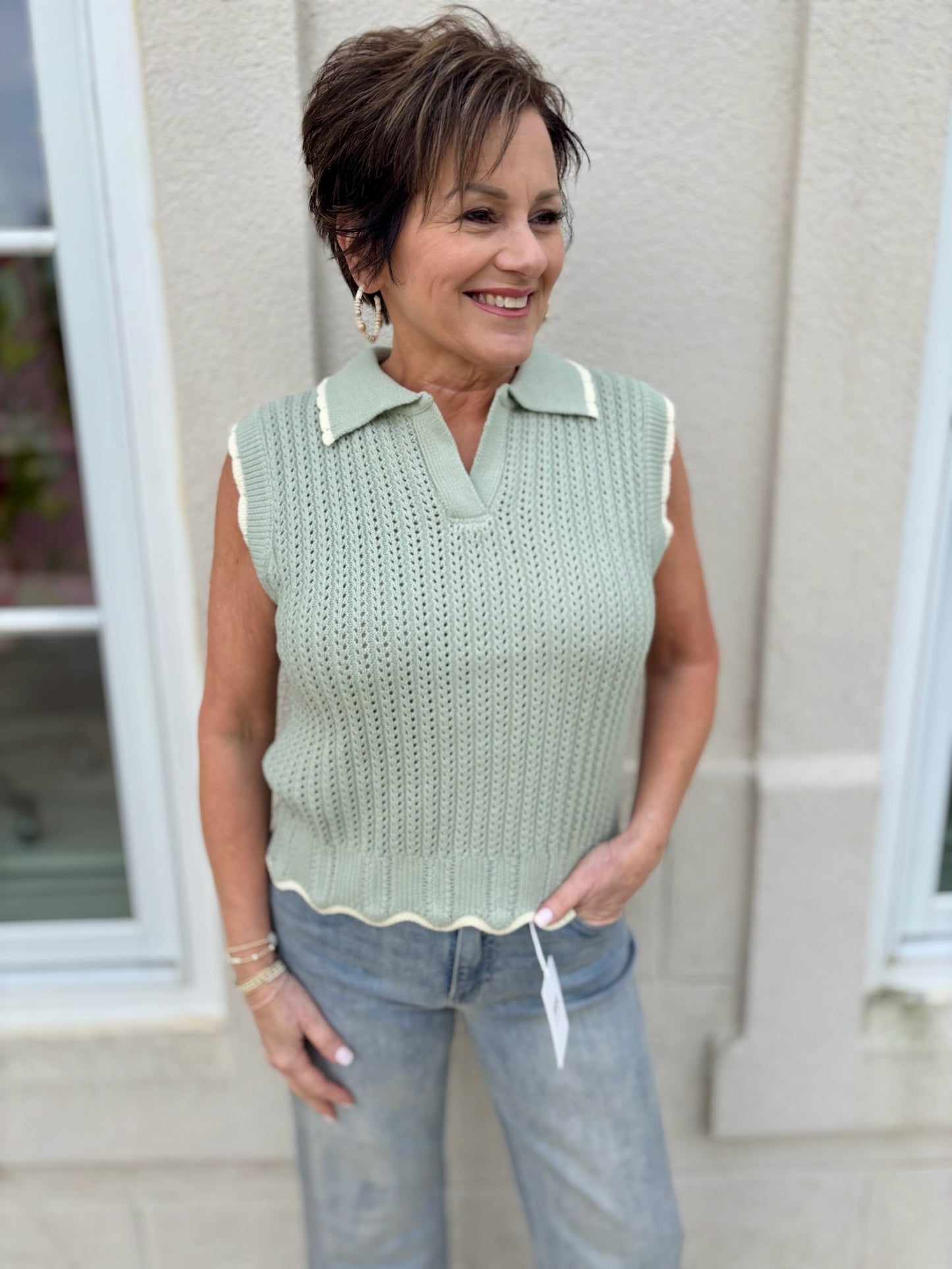 Sage Sleeveless Scalloped Top