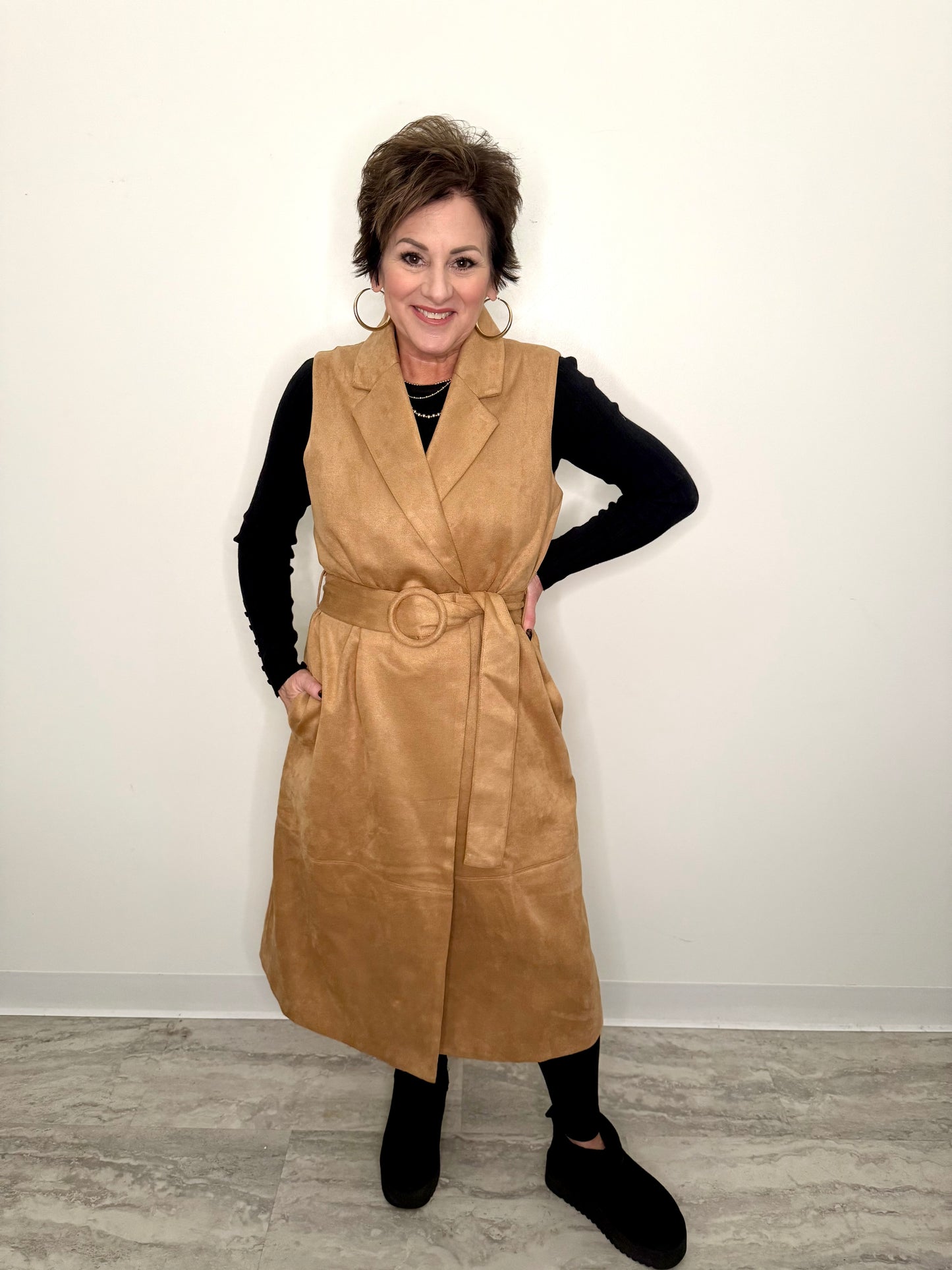 Camel Faux Suede Long Tailored Vest