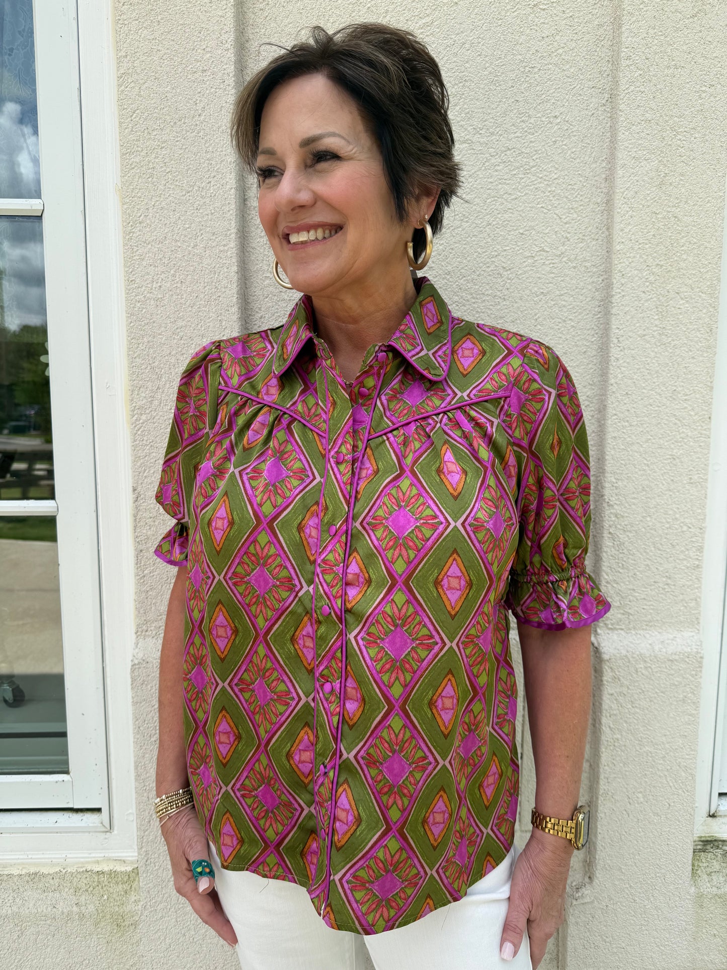 Olive and Pink Print Blouse