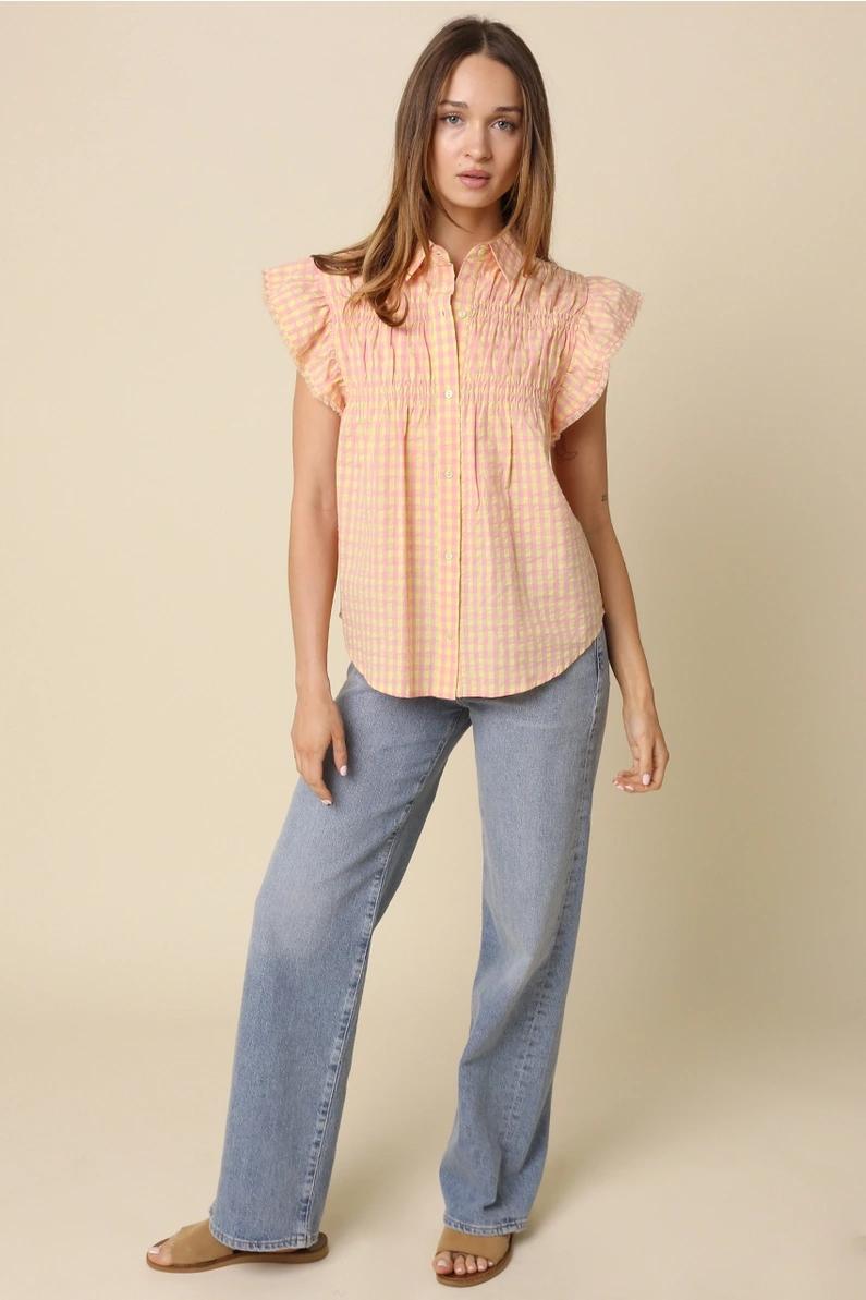 Pink and Yellow Gingham Flutter Sleeve Top