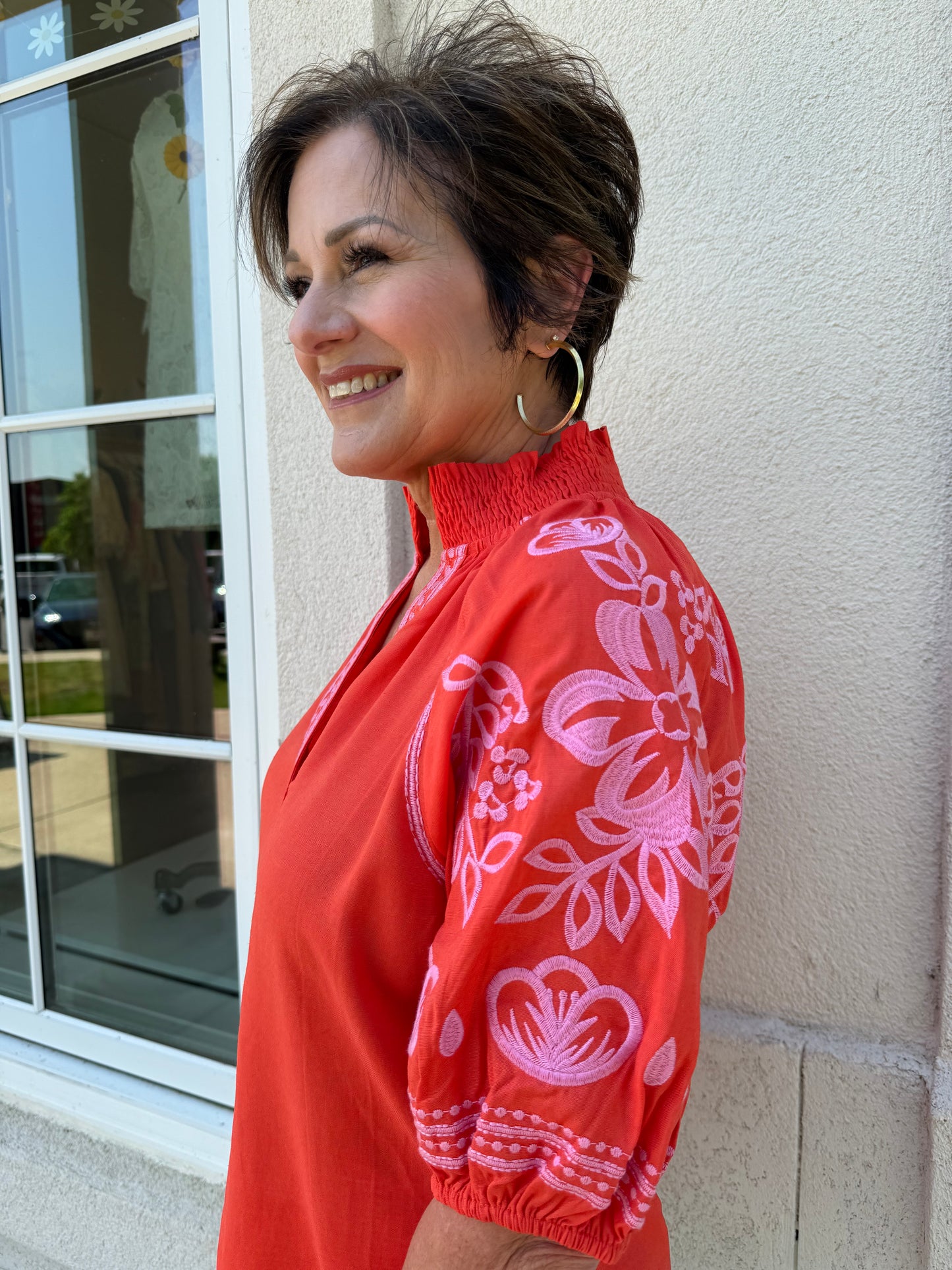 Orange and Pink Embroidered V-Neck Top