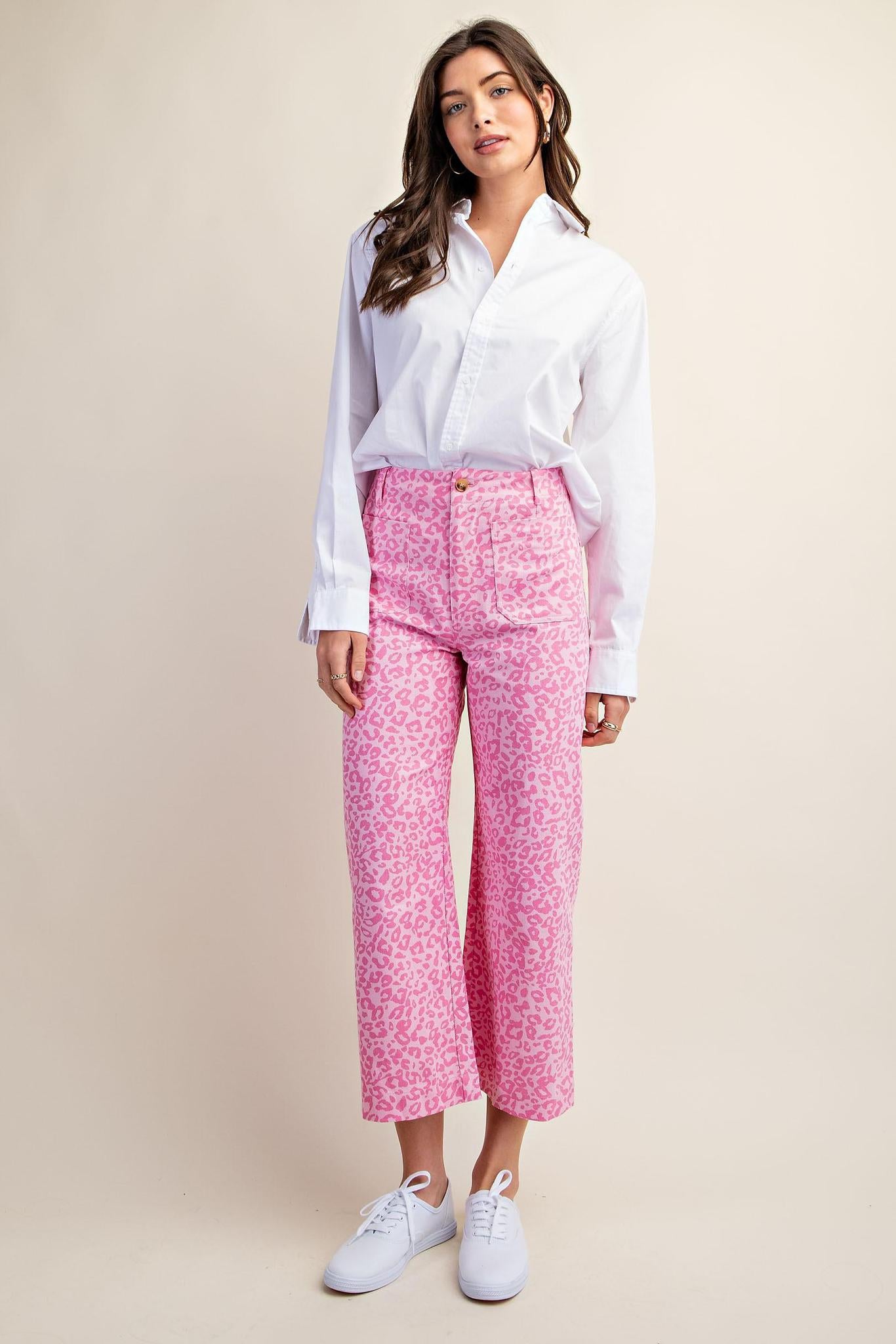 Pink Leopard Cropped Ankle Pants