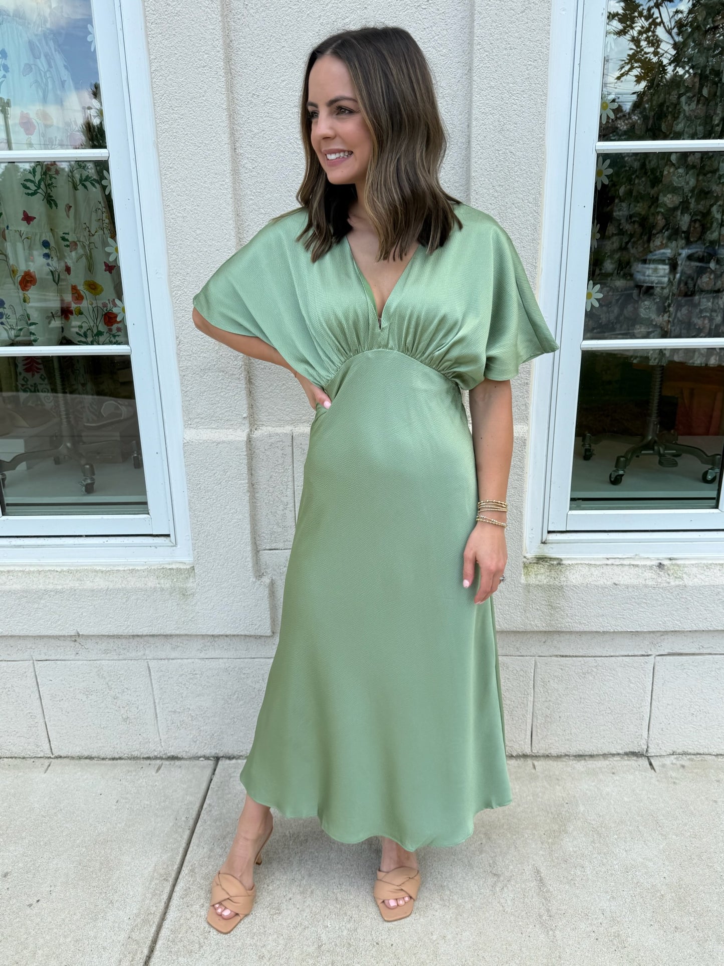 Sage Empire Waist Satin Dress