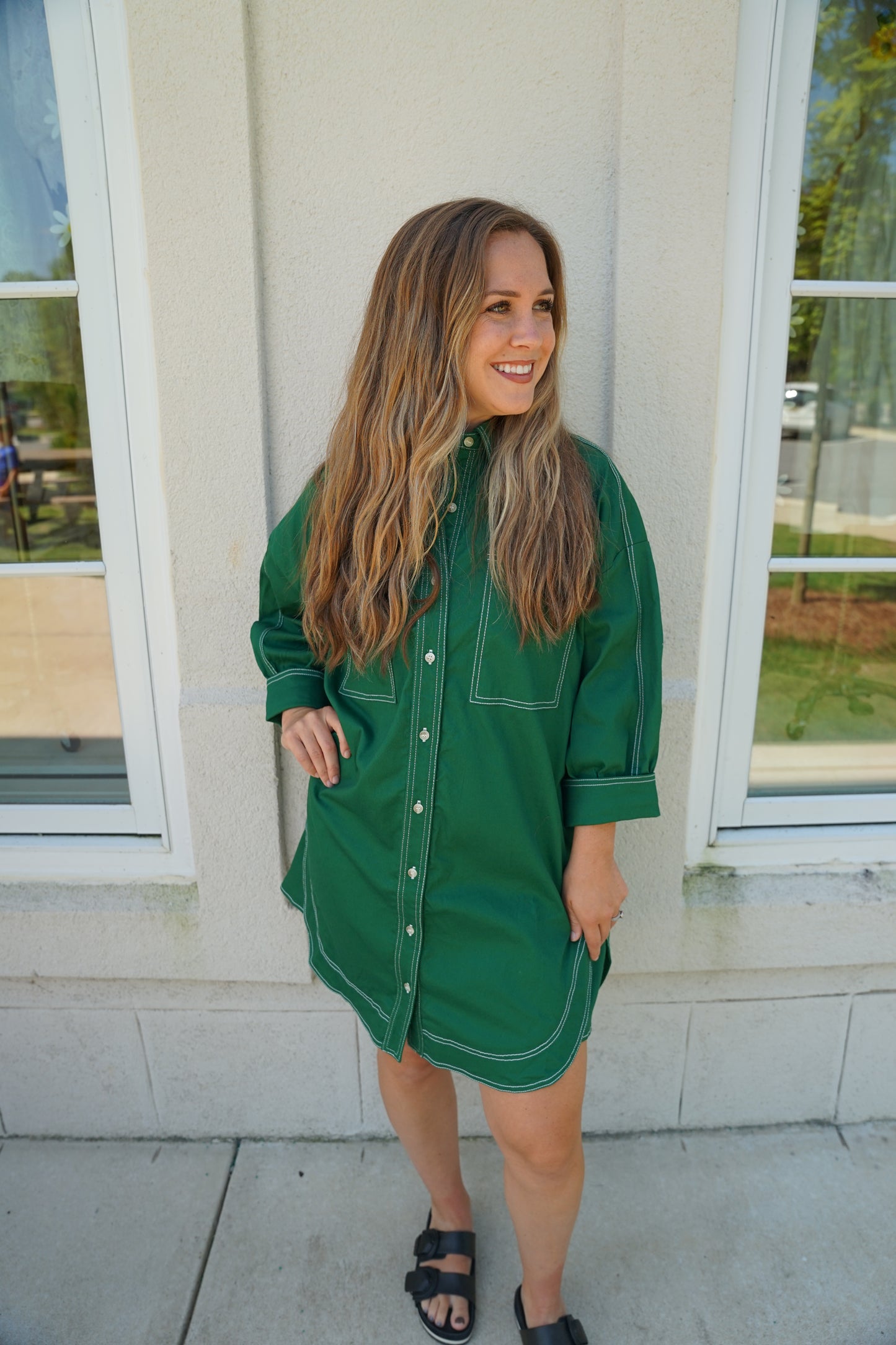 Green Exposed Stitch Shirt Dress