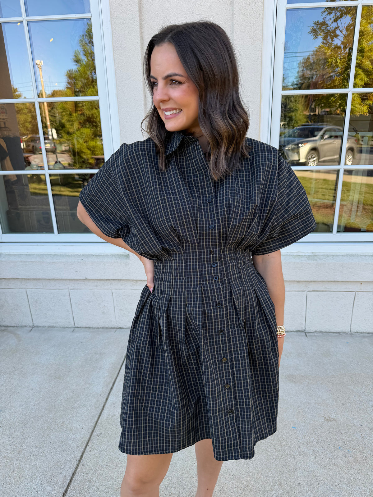 Black Multi Cinched Waist Plaid Dress