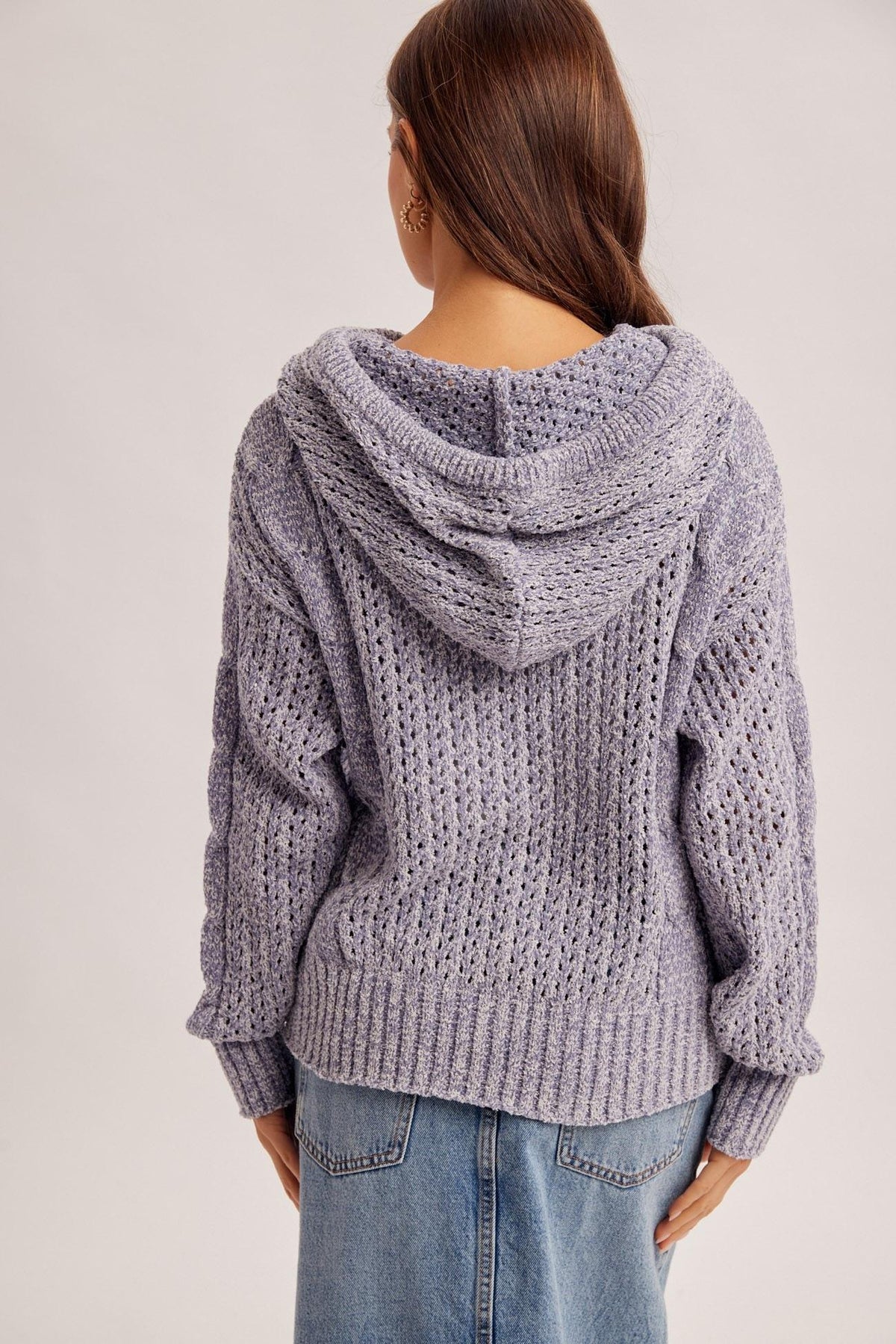 Blue Pointelle Stitched Sweater Hoodie