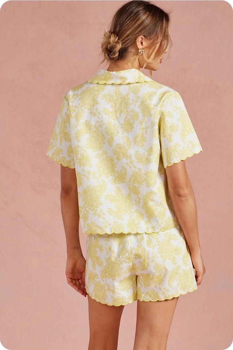Butter and White Embroidered Scalloped Top