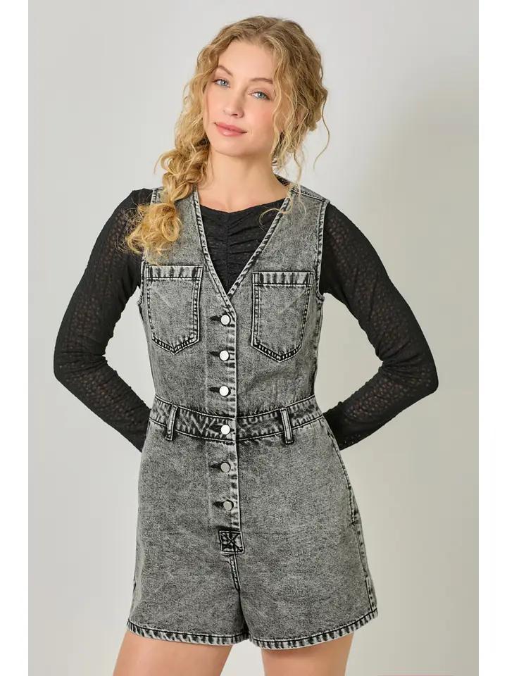Washed Black Sleeveless Denim Romper