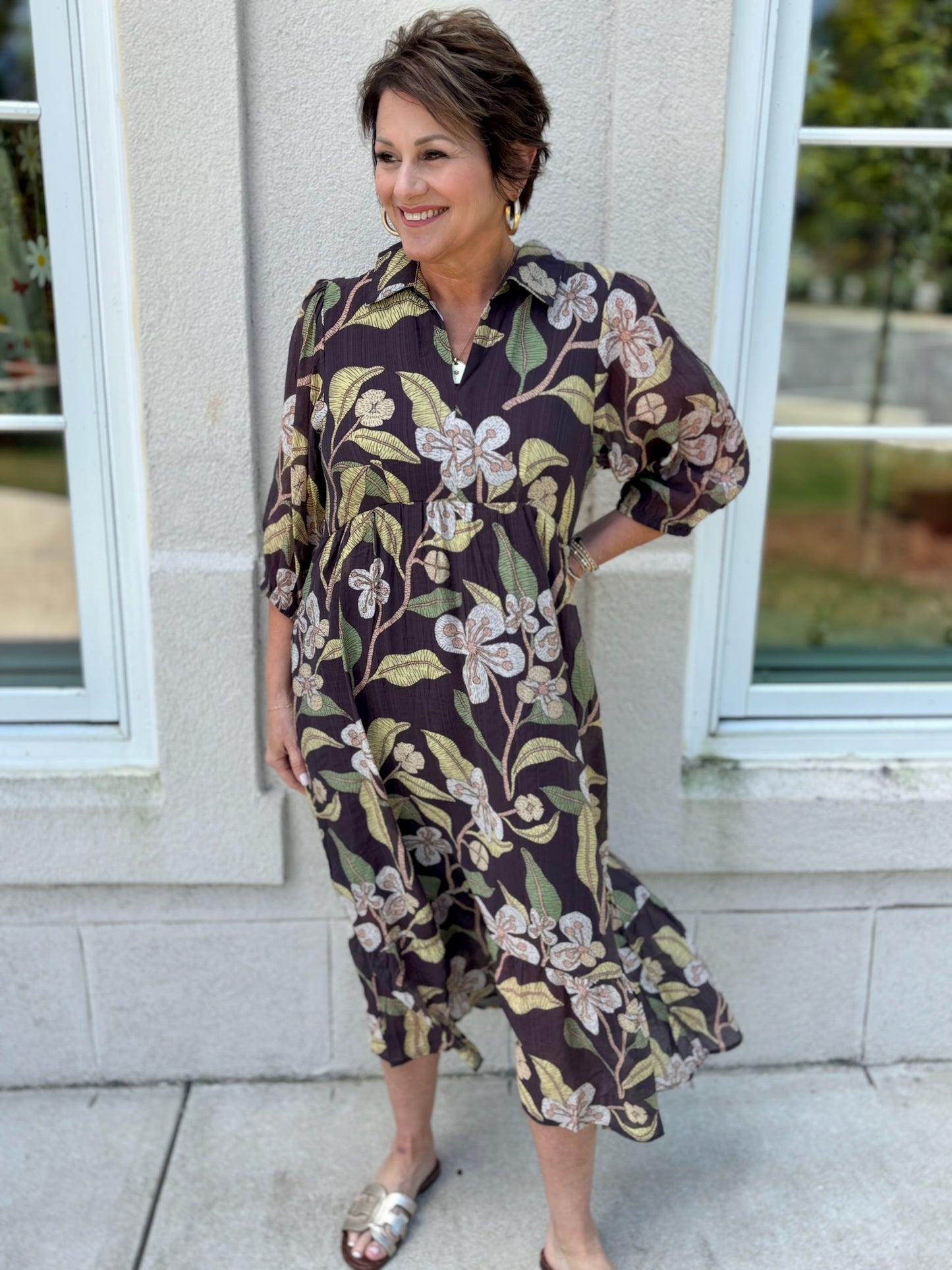 Brown Mixed V-Neck Midi