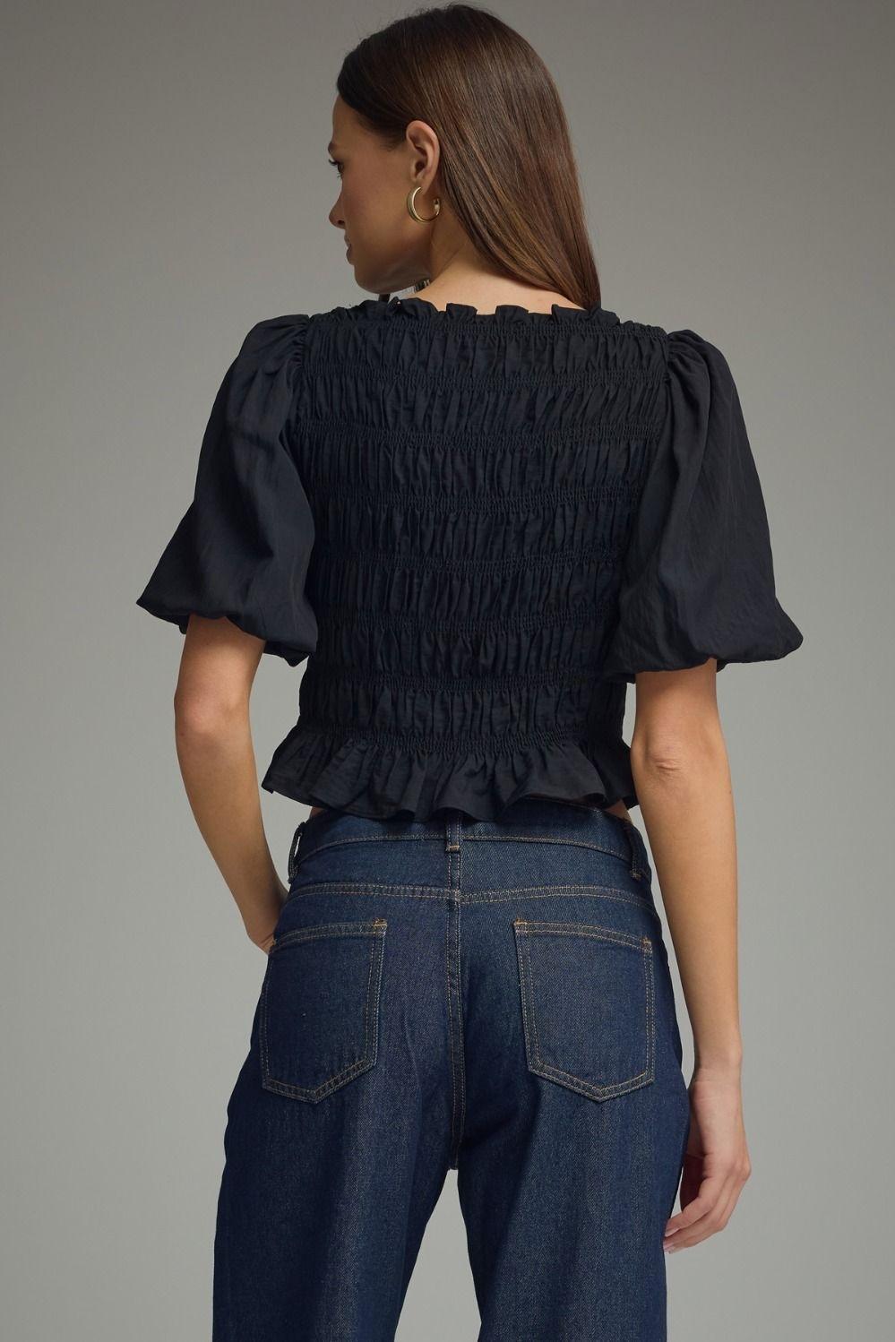 Black Smocked Bodice Top