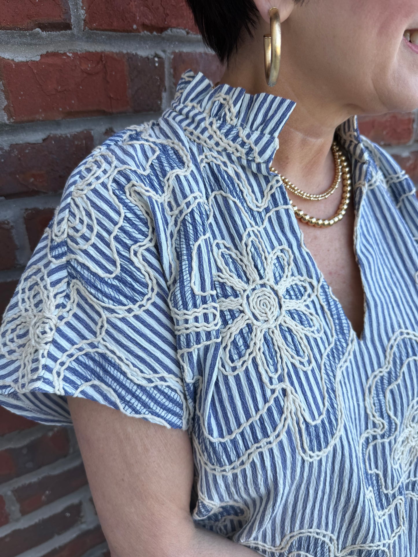 Blue Striped Floral Top