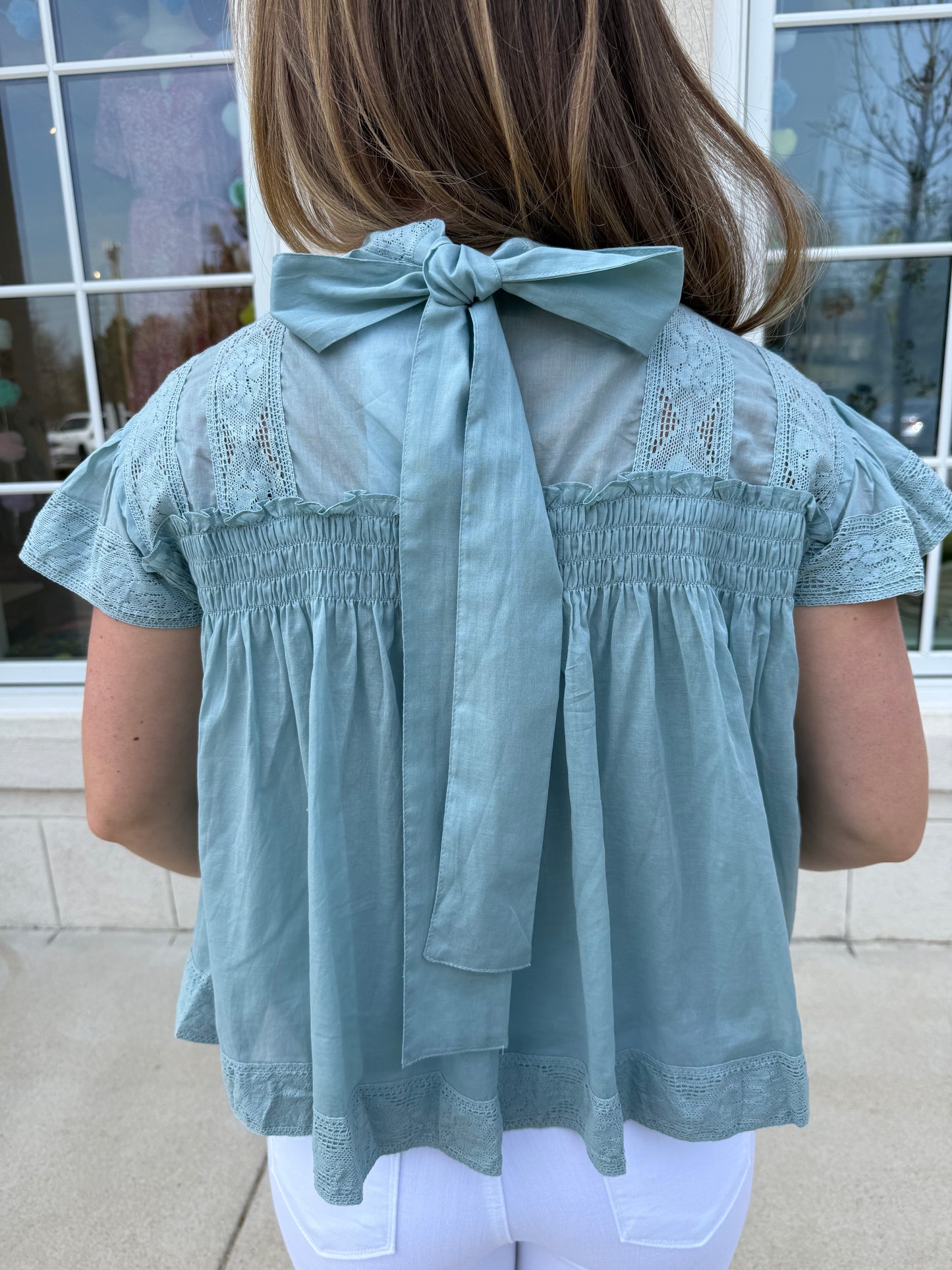 Dusty Seafoam Lace Inset Top