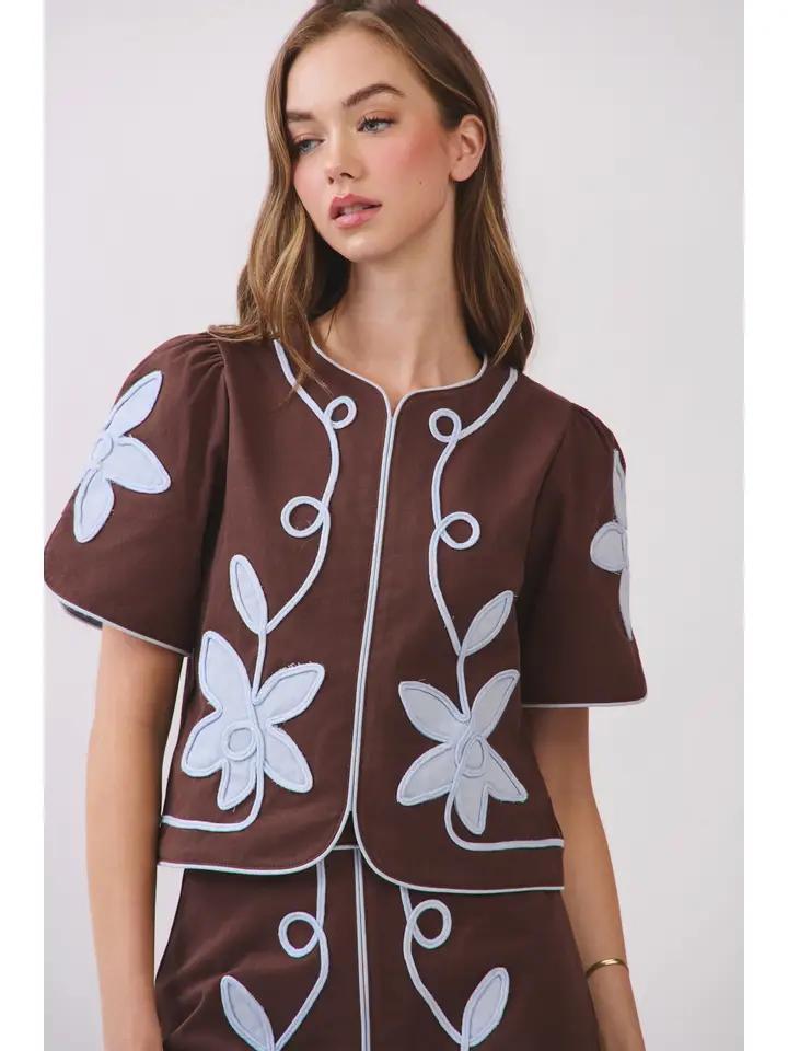 Chocolate and Blue Appliqued Top