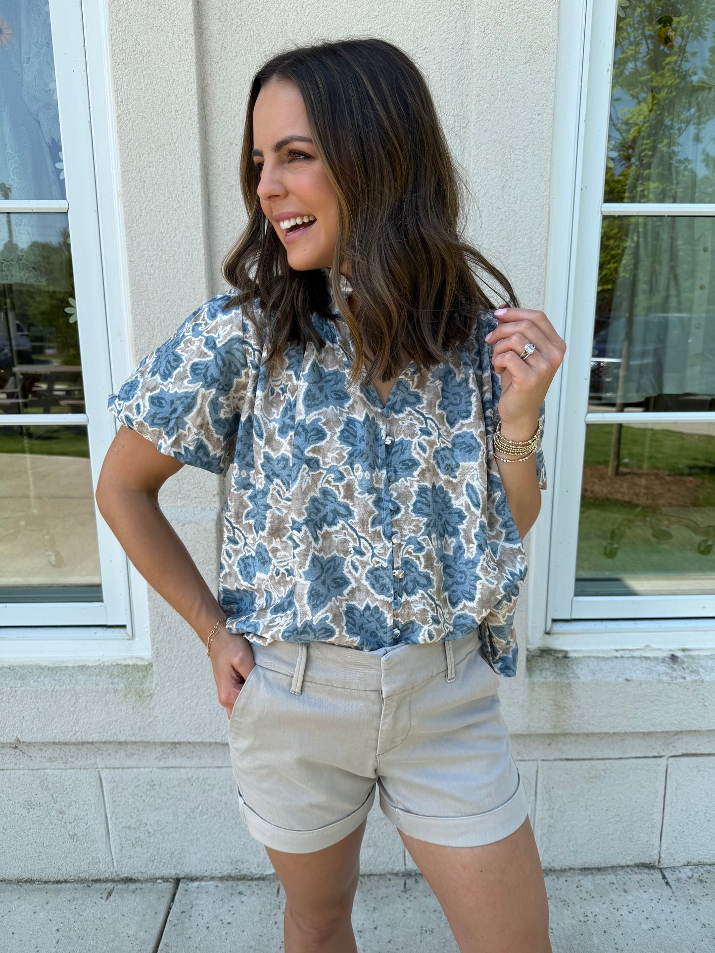 Blue Fall Print Loose Fit Blouse