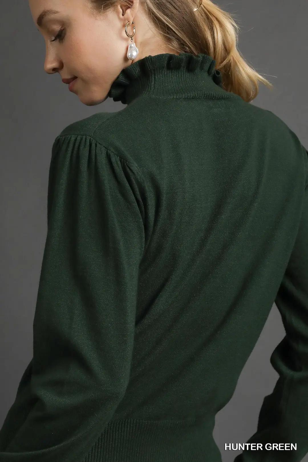 Hunter Green Ruffle Mock Neck Sweater