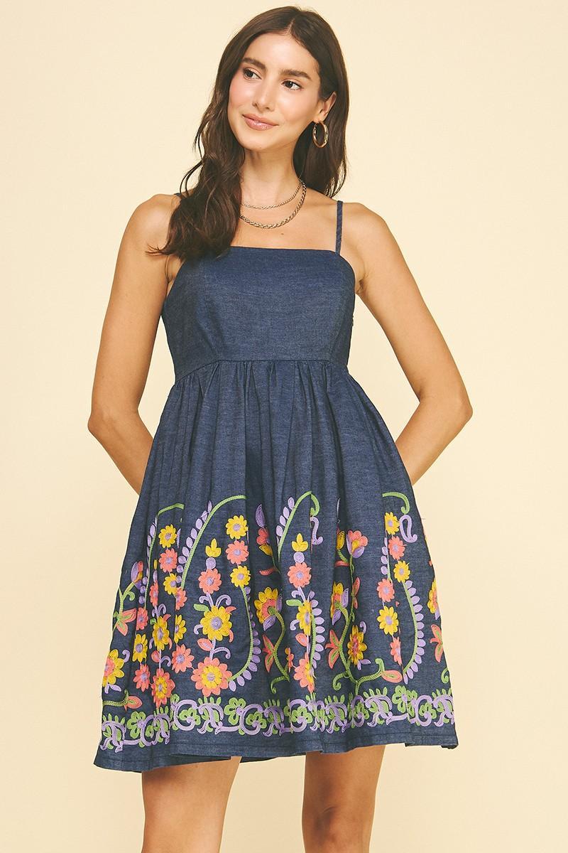 Indigo Denim Floral Embroidery Mini