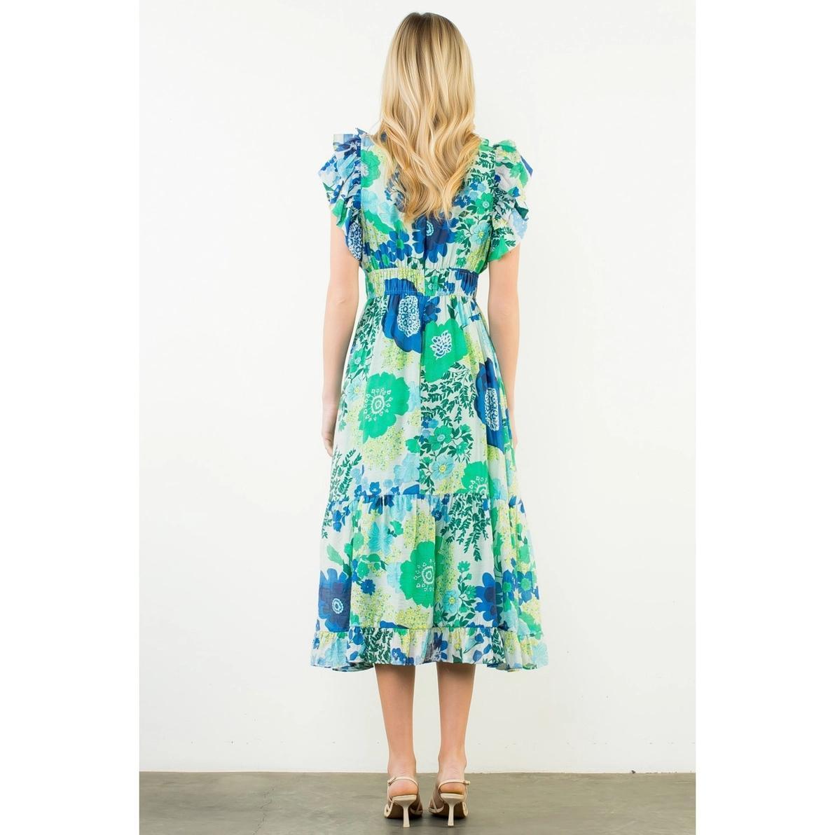 Blue and Green Flutter Sleeve Tiered Dress