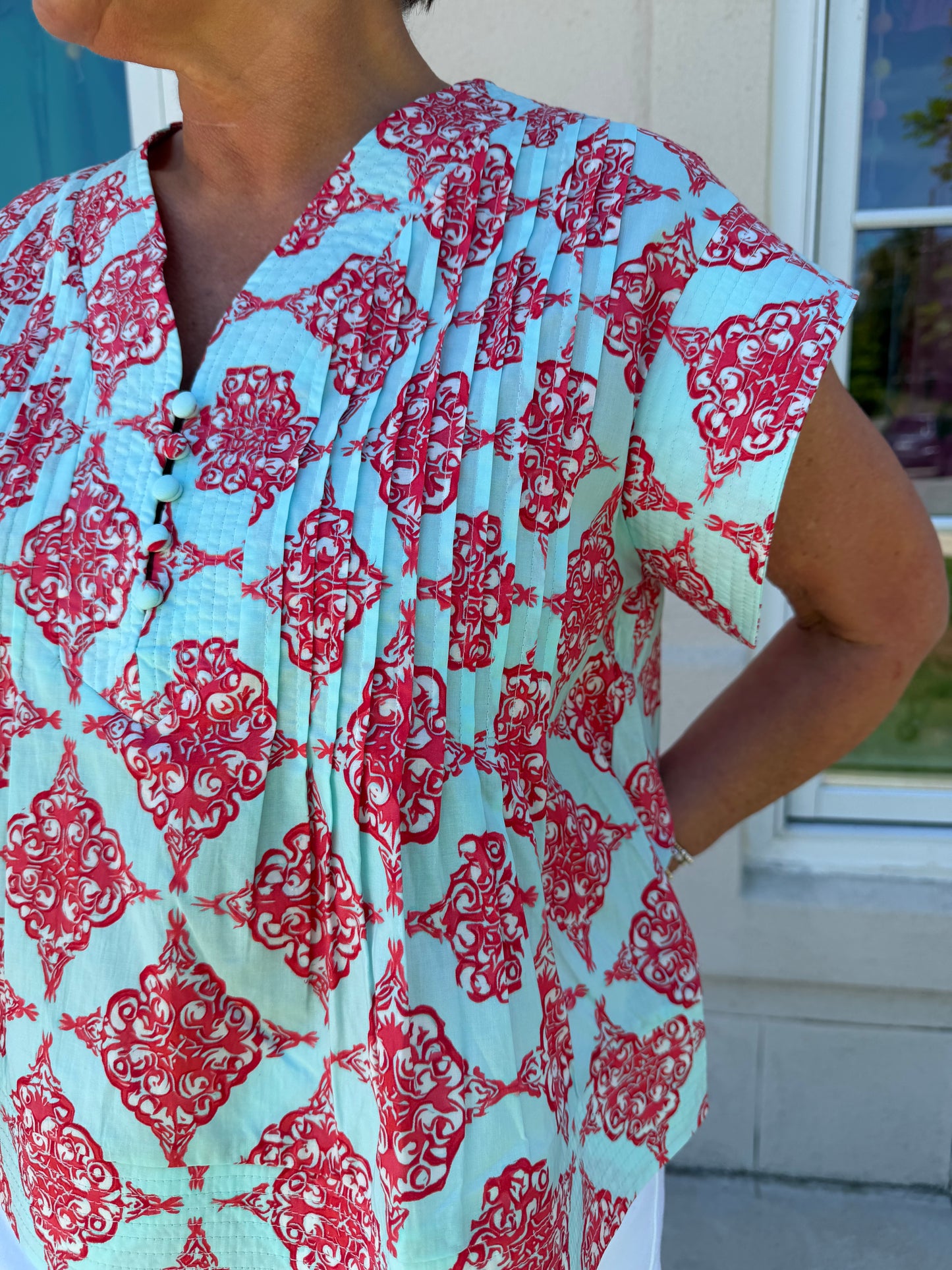Sky Blue and Red Printed Top