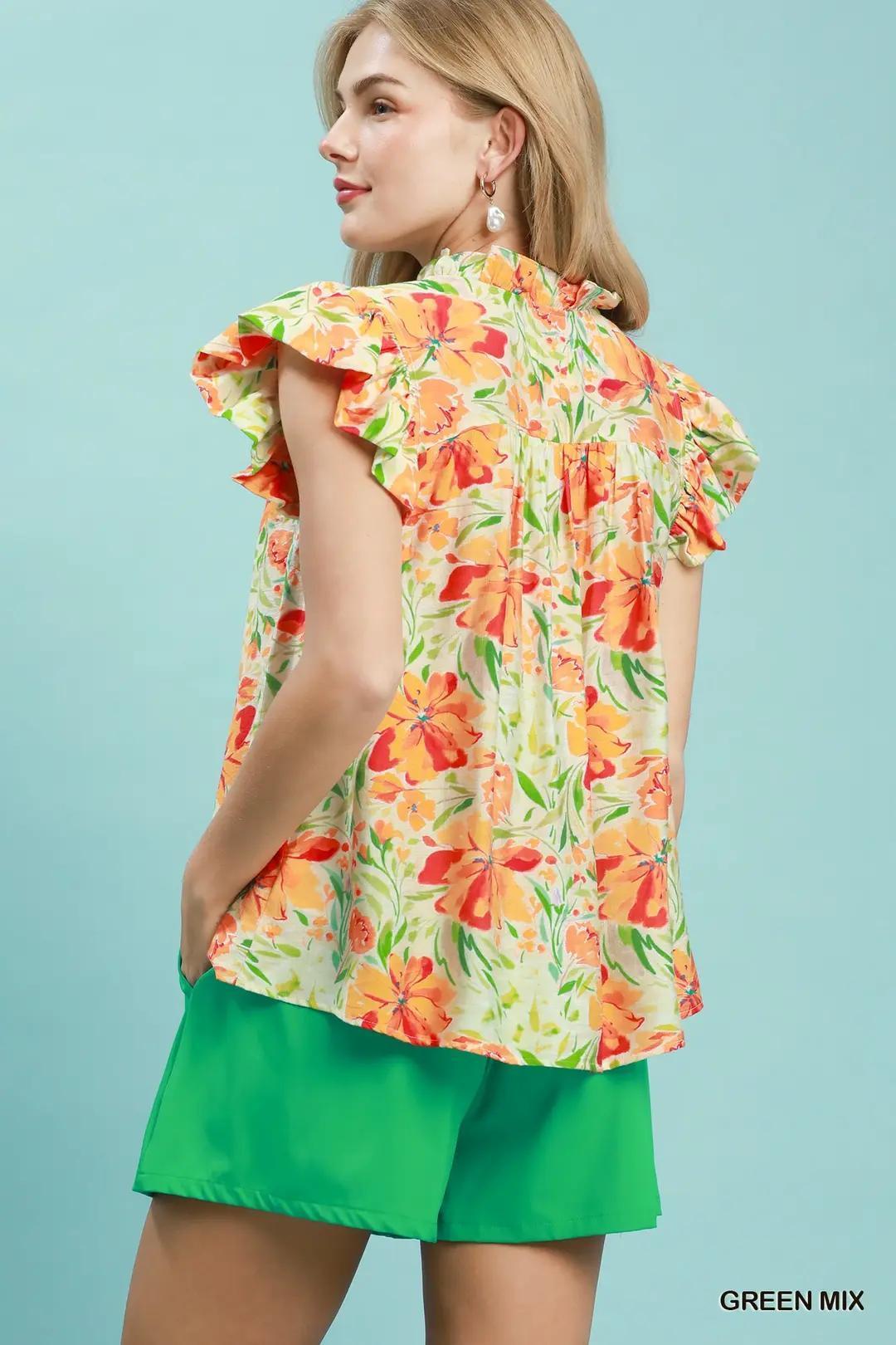 Green Mix Smocked Yoke Floral Blouse