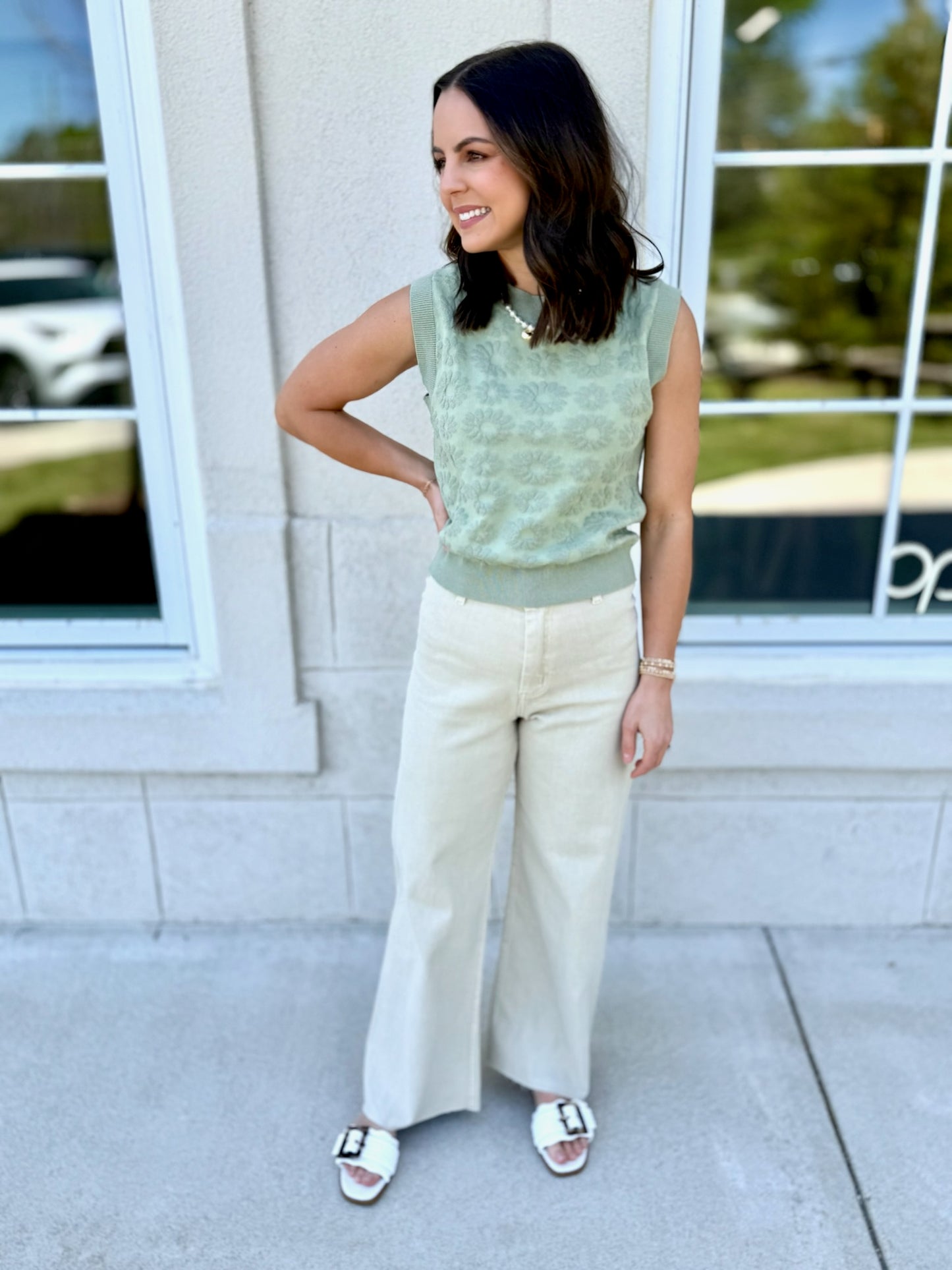Sage Floral Sweater Knit Top