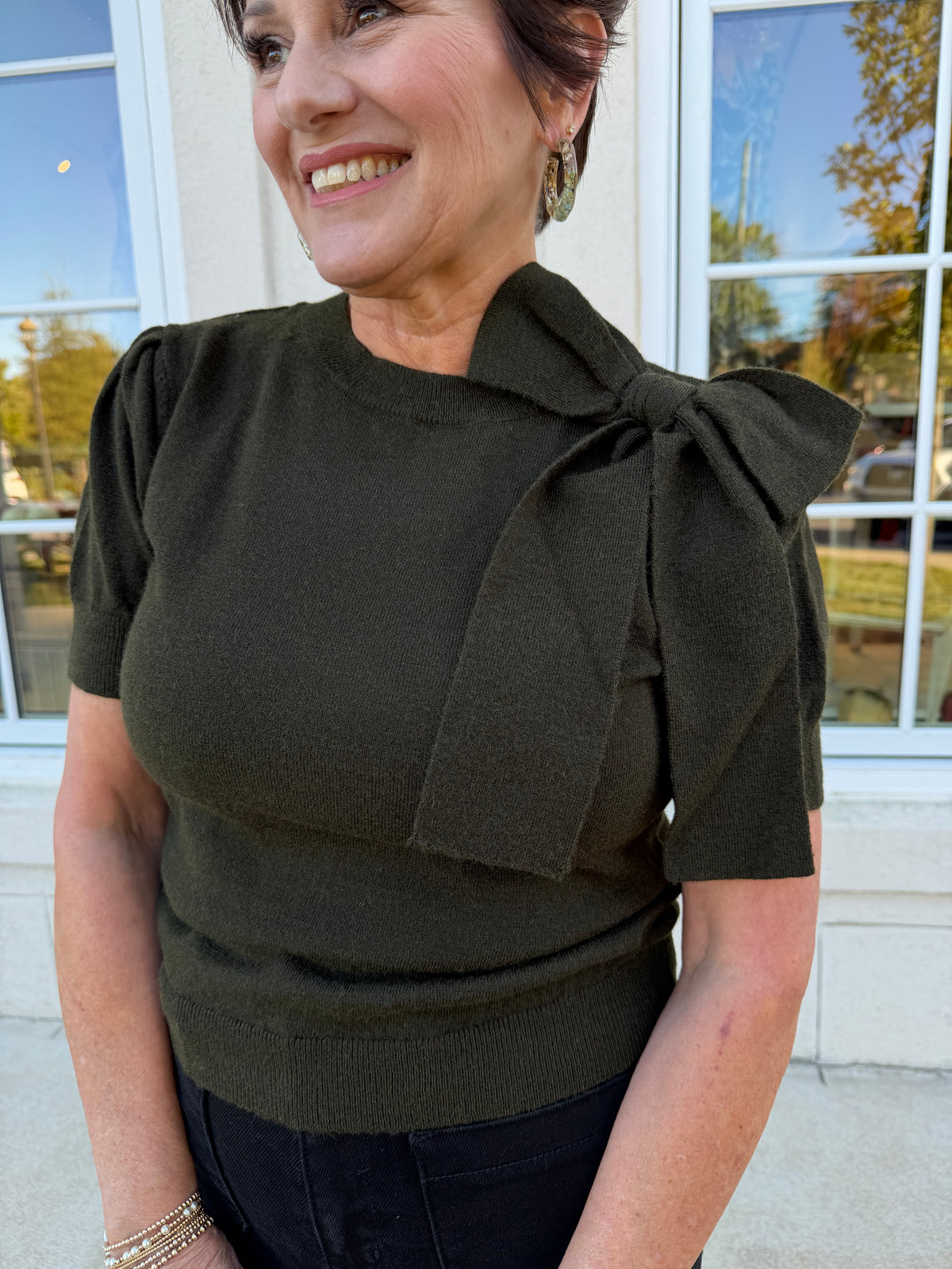 Dark Olive Shoulder Bow Sweater