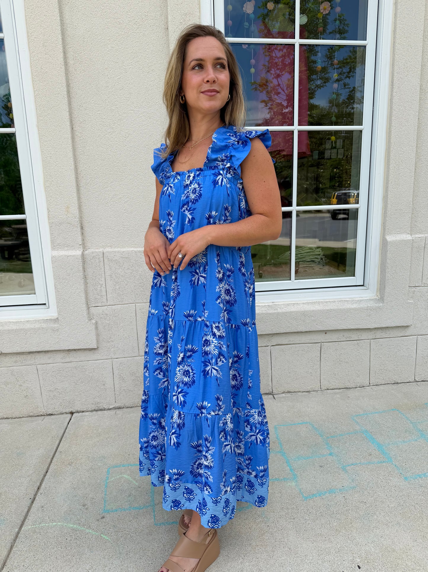 Blue Floral Printed Tiered Dress
