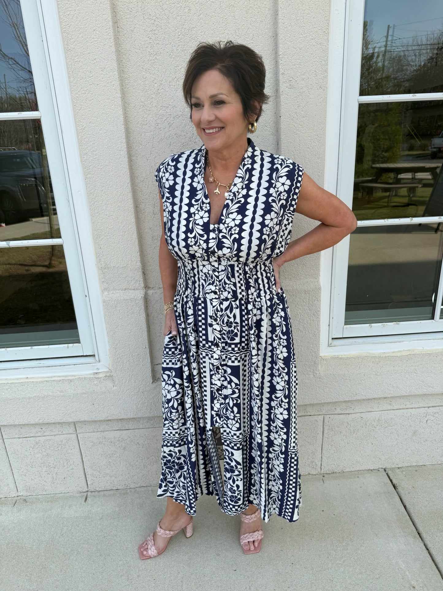 Navy Mixed Print Sleeveless Midi