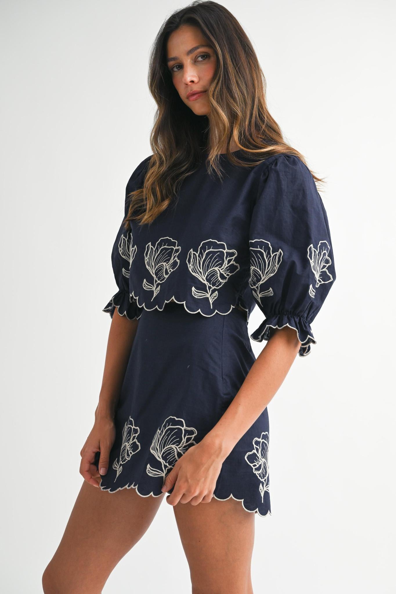 Navy Embroidered Mini Skirt Set