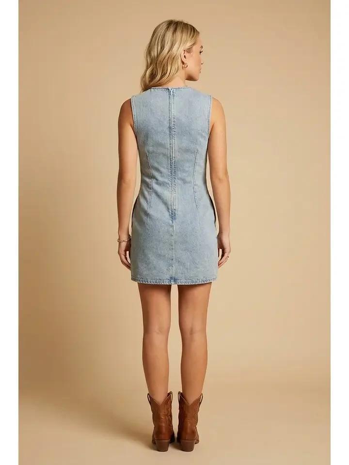 Lt Blue Denim Bow Mini Dress