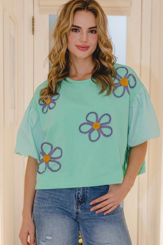 Mint Flower Embroidered Knit Top