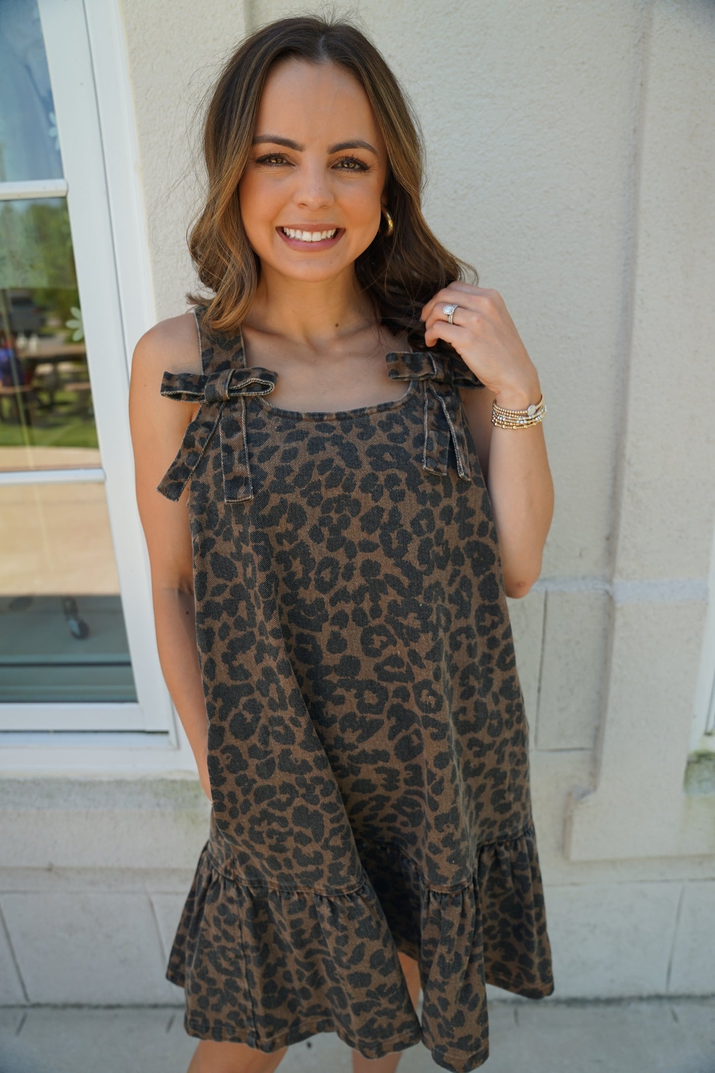 Leopard Denim Mini Ruffle Dress