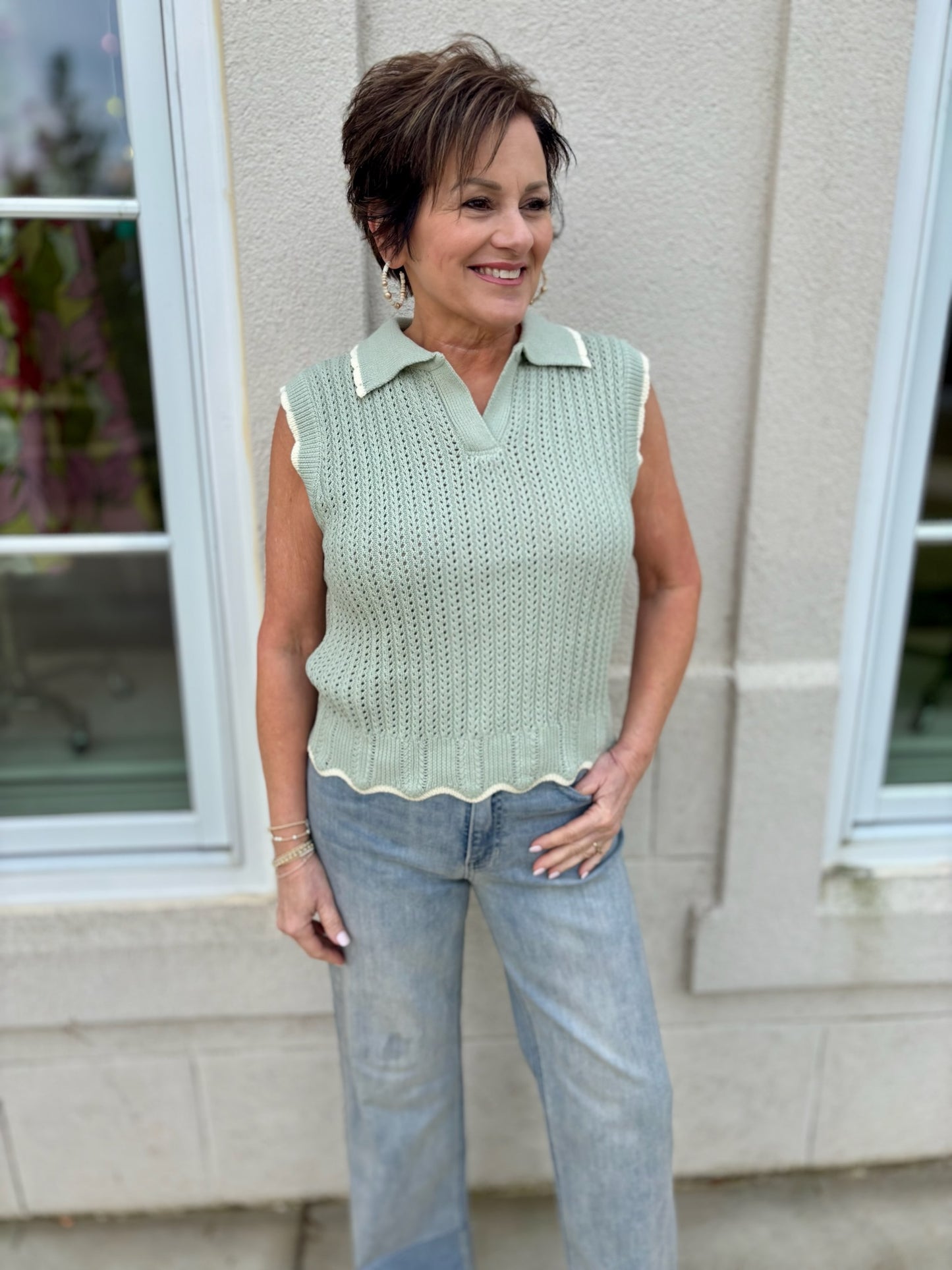 Sage Sleeveless Scalloped Top