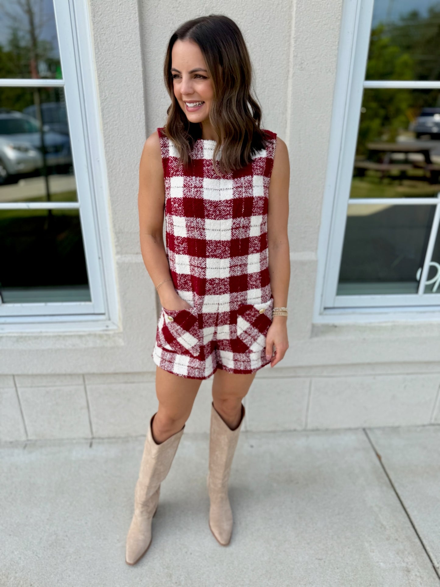 Burgundy and Off White Tweed Romper
