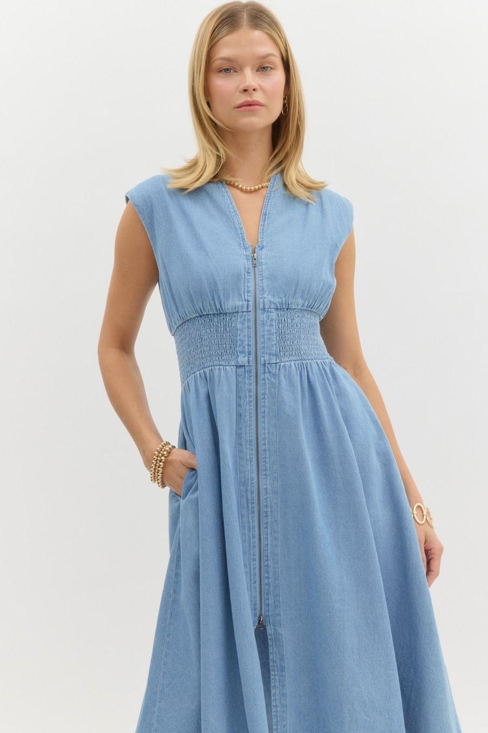 Light Blue Denim Zipper Dress