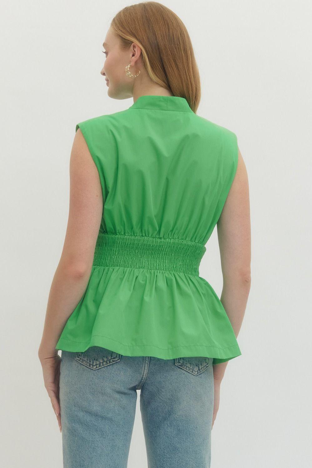 Green Peplum Front Zip Top