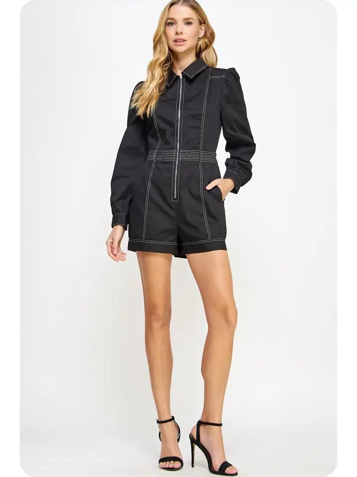Black Topstitched Twill Romper