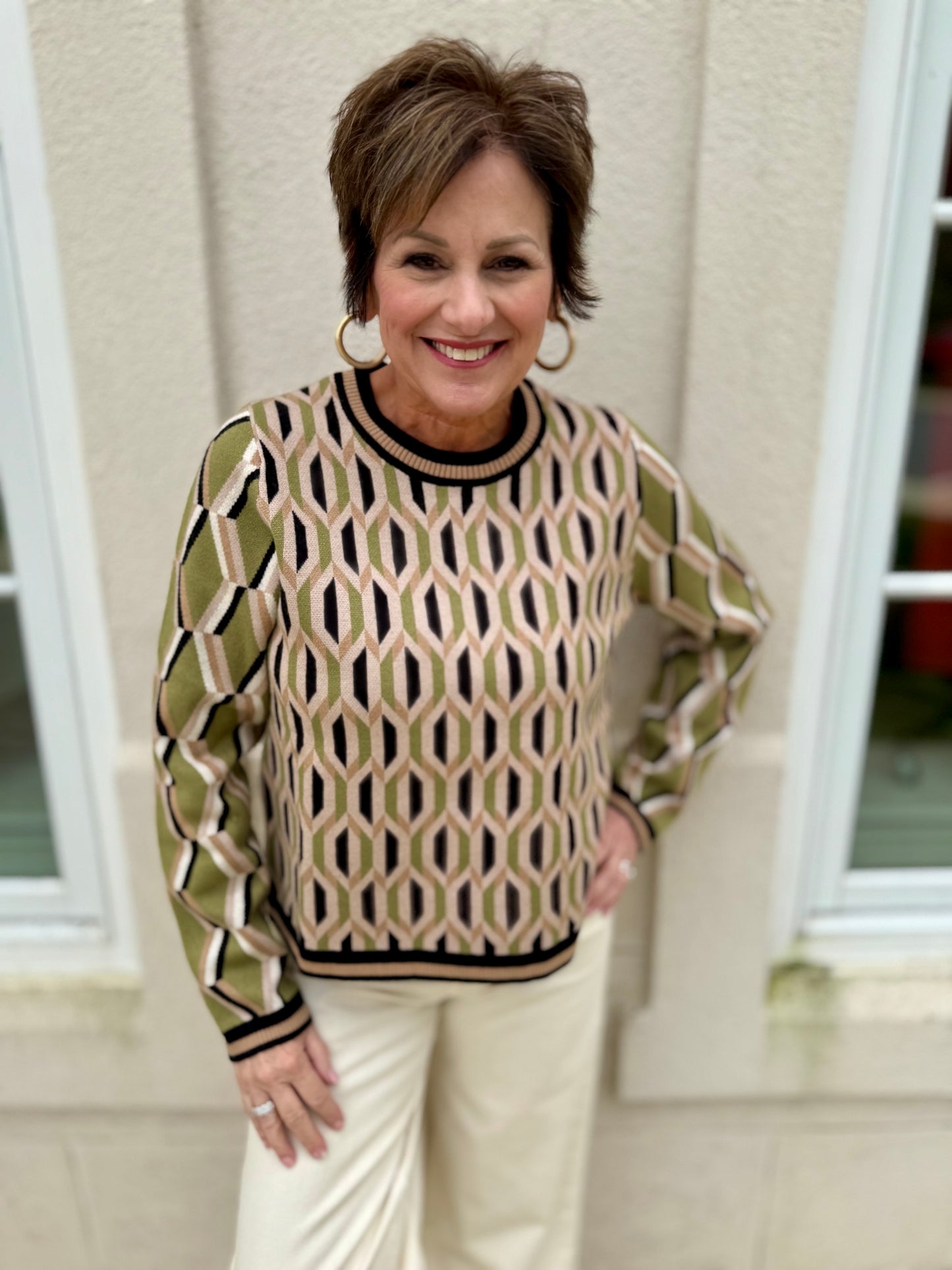 Black and Beige Patterned Knit Sweater