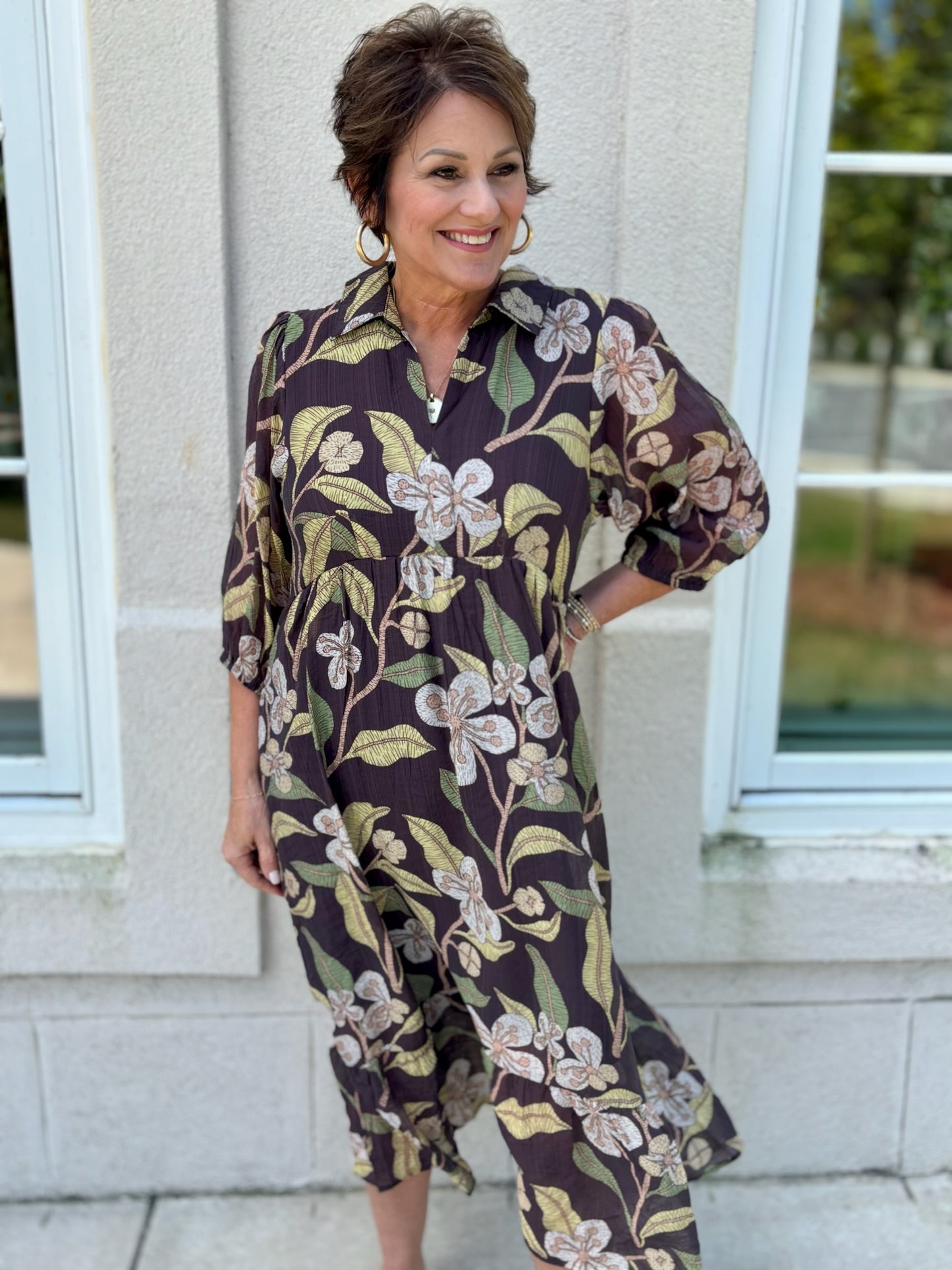 Brown Mixed V-Neck Midi