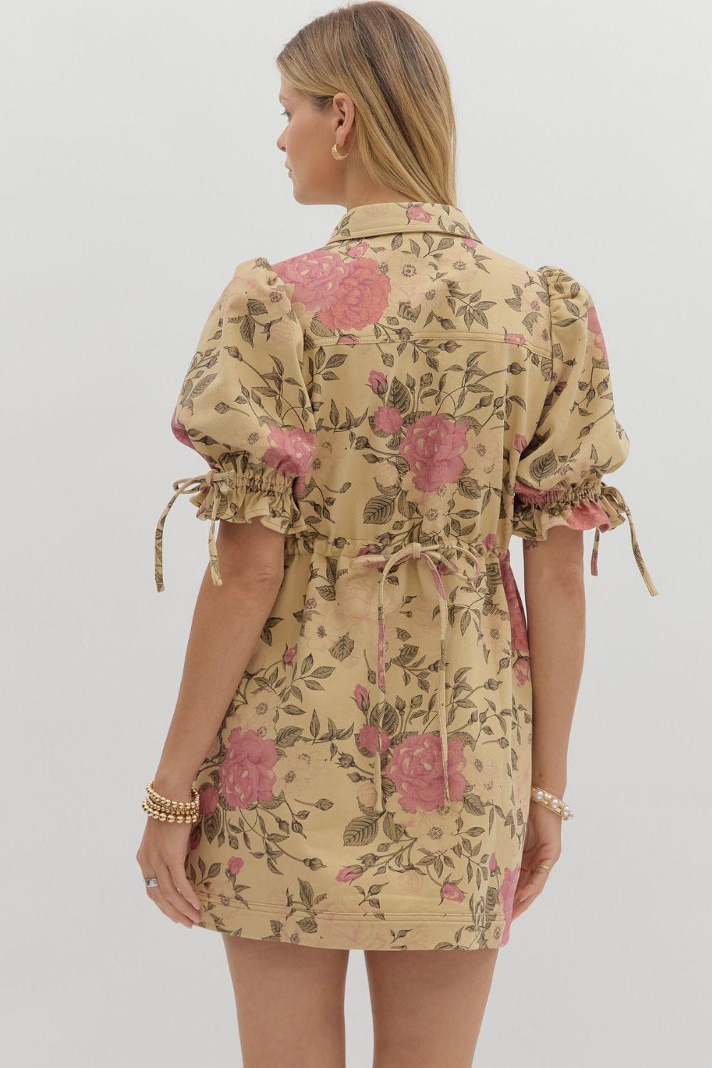 Tan Floral Bow Mini Dress