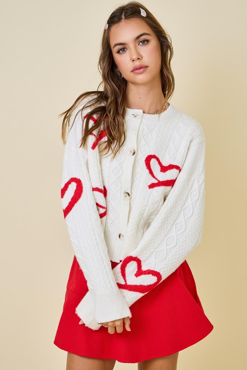 Off White and Red Valentine Heart Cardigan