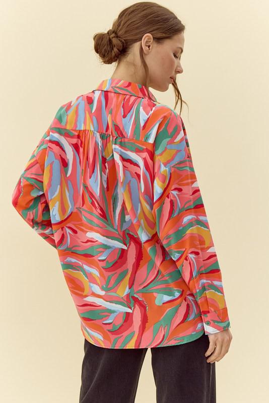 Toffee Abstract Print Button-Up Top
