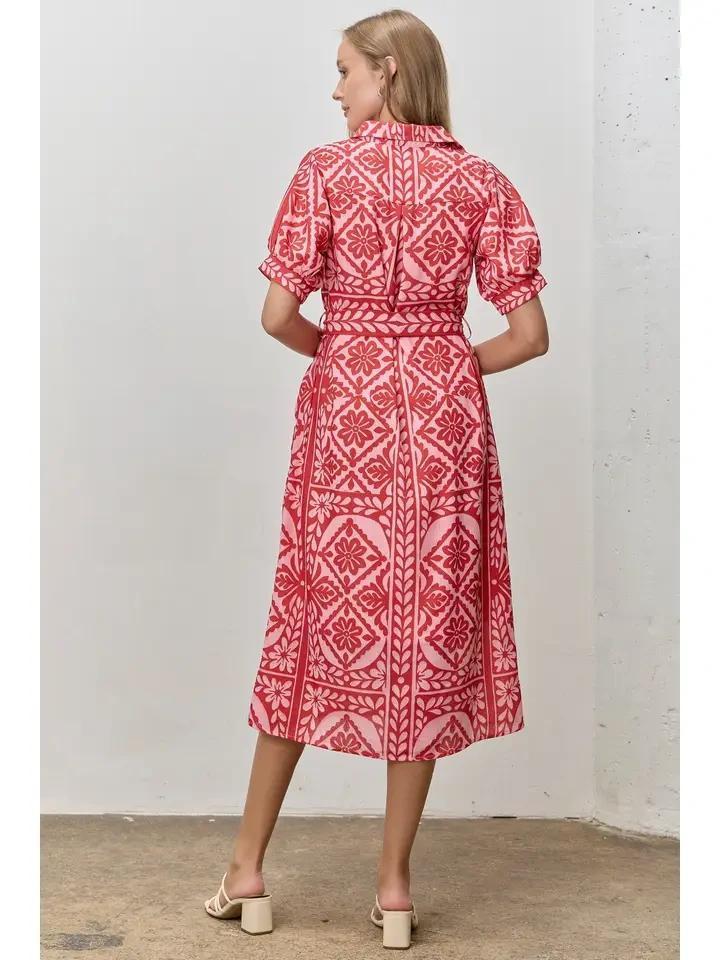 Pink and Red Floral Midi Shirt Dress