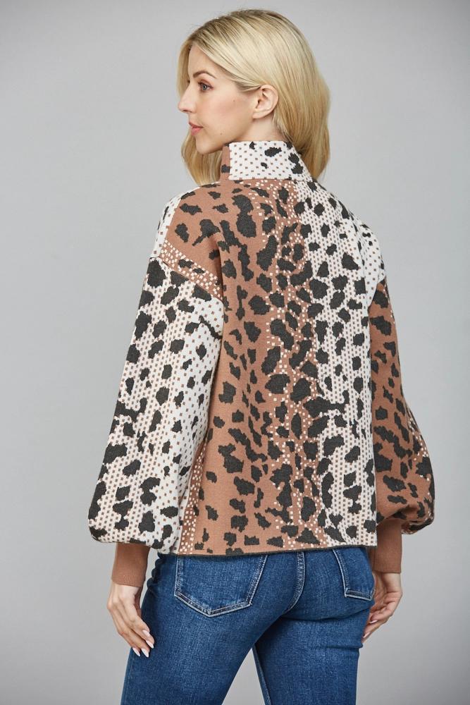 Cream and Brown Animal Patterned Knit Sweater