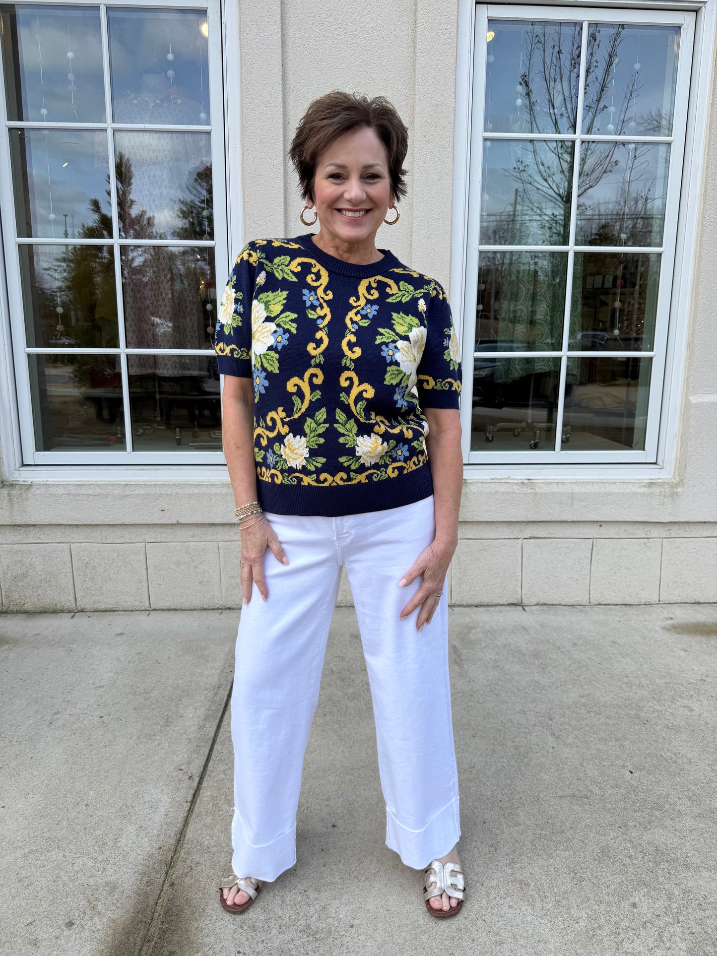 Navy and Yellow Floral Patterned Sweater