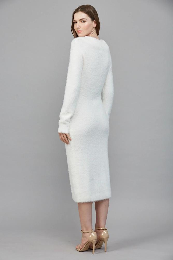 Fuzzy Knit Cream Midi Dress